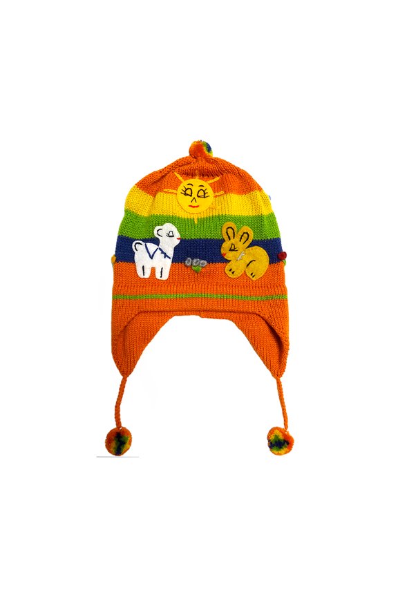 Multicolored Embroidered Animal Striped Knit Puff Ball Pom Beanie Earflap Warmer Hat Kids Winter Handmade Accessories