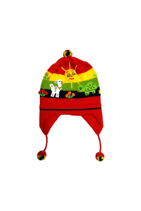 Multicolored Embroidered Animal Striped Knit Puff Ball Pom Beanie Earflap Warmer Hat Kids Winter Handmade Accessories