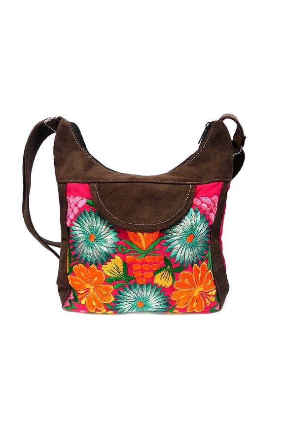 Multicolored Floral Embroidered Brown Vegan Leather Suede Hobo Purse Crossbody Bag - Womens Fashion Handmade Boho Accessories