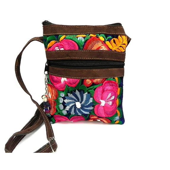 Multicolored Floral Embroidered Brown Vegan Leather Suede Slim Purse Crossbody Bag - Womens Fashion Handmade Boho Accessories