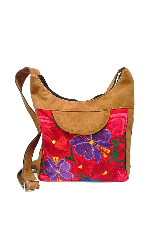 Multicolored Floral Embroidered Tan Vegan Leather Suede Hobo Purse Crossbody Bag - Womens Fashion Handmade Boho Accessories