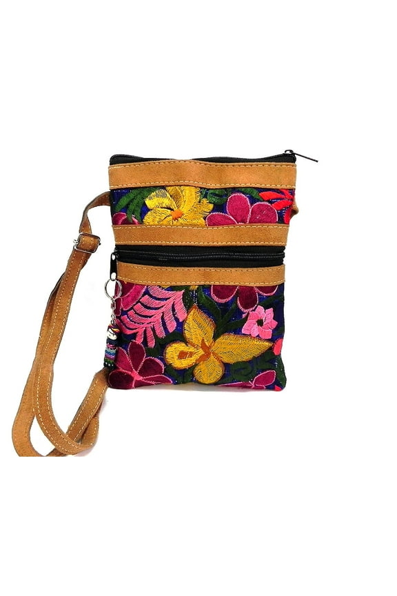 Multicolored Floral Embroidered Tan Vegan Leather Suede Slim Purse Crossbody Bag - Womens Fashion Handmade Boho Accessories