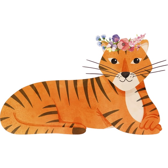 Multicolored Home Living Room Art Tiger Princess Decoration Flower Crown Cartoon Design Vinyl Wall Decal Sticker - 22" x 36" Removable Kids Bedroom Nursery Large Cat Jungle Animal Wall Decor Art
