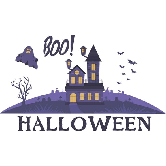 Multicolored Home Living Room Haunted House Wall Decor Boo Halloween Lettering Art Design Removable Vinyl Wall Decal - 19" x 30" Kids Bedroom Scary Place Adhesive Decoration Ghosts Bats Wall Sticker