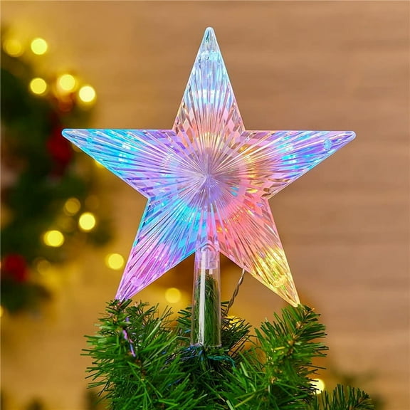 Multicolored LED Christmas Star Tree Topper Battery Operated Acrylic Transparent Star Treetop Built in 10 LED String Lights 3D Star Treetop for Holiday Party Christmas Tree Decorations