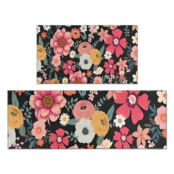 Multicolored Pioneer Flower Kitchen Rugs Sets Of 2,Anti Fatigue Kitchen Mat Rugs Non Slip Washable,Decorative Kitchen Floor Mats for Kitchen,Sink,Laundry,17"x30"+17"x47"
