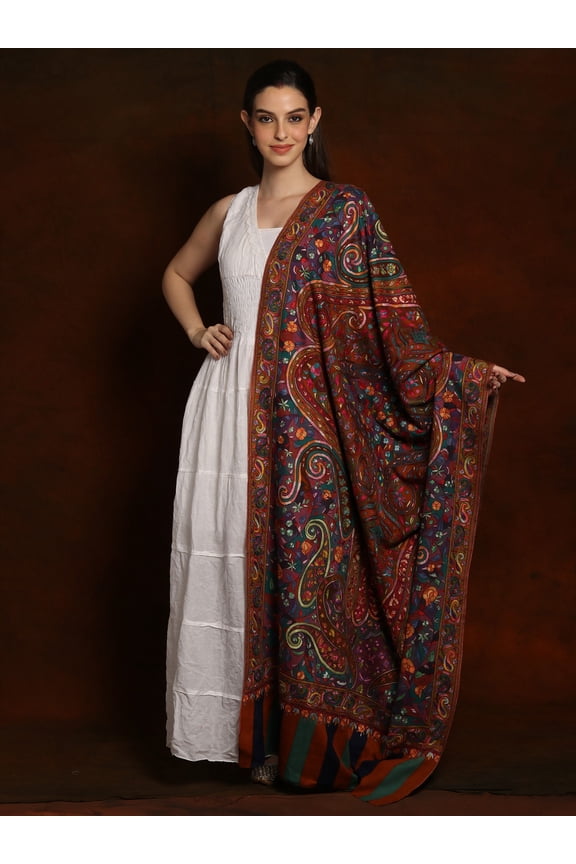 Multicolored Silk Sozni Jamawar Pashmina Shawl - Kashmir Embroidery