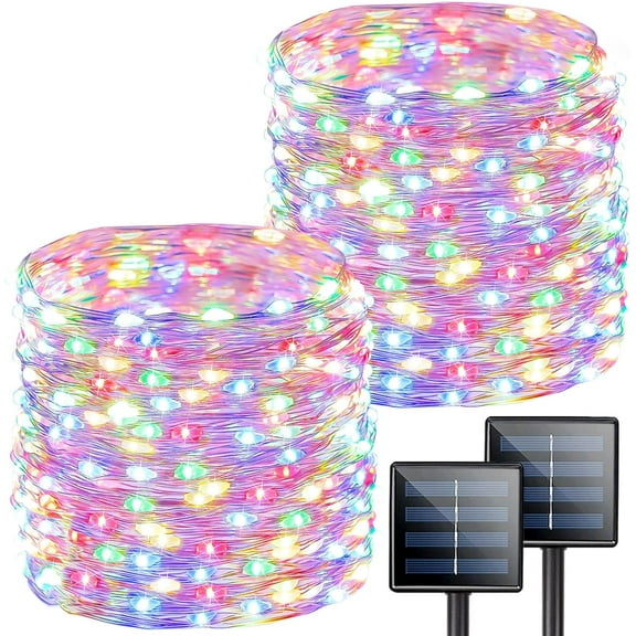 Multicolored Solar String Lights Outdoor Waterproof, 2 Pack Each 72FT 200 LED Copper Wire Lights, 8 Modes Solar Fairy Lights for Patio Tree Garden Outside Decorations (Multicolor)