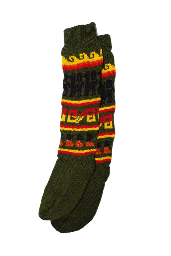 Multicolored Tribal Alpaca Pattern Soft Knit Wool Long Knee High Socks Handmade Leg Warmers Boho Winter Accessories