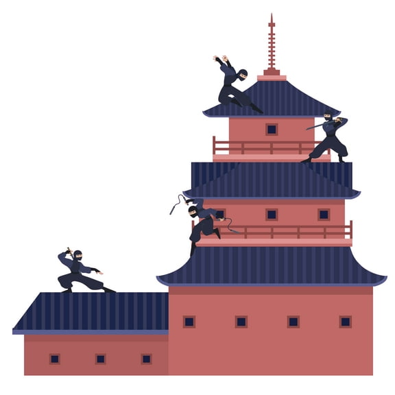 Multicolored Vinyl 19" x 20" Ninja Temple Battle Scene Cartoon Art Adhesive Wall Decoration Sticker Shinobi Samurai Warriors Design Removable Kids Bedroom Home Wall Decal