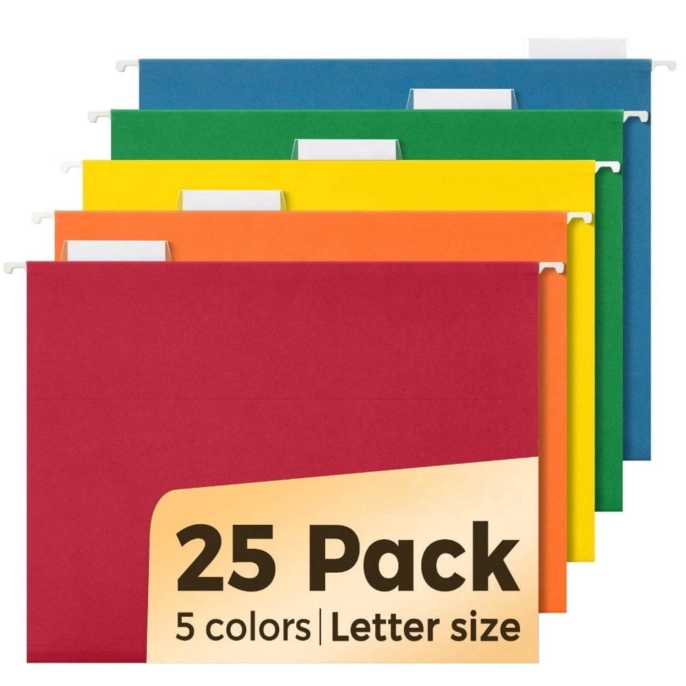 Multicolored hanging file folders, 25-pack letter-size folders with 1/5-inch notched tabs—keep your home and office files organized
