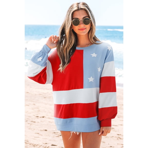 Multicolour American Flag Vintage Oversized Pullover Sweatshirt
