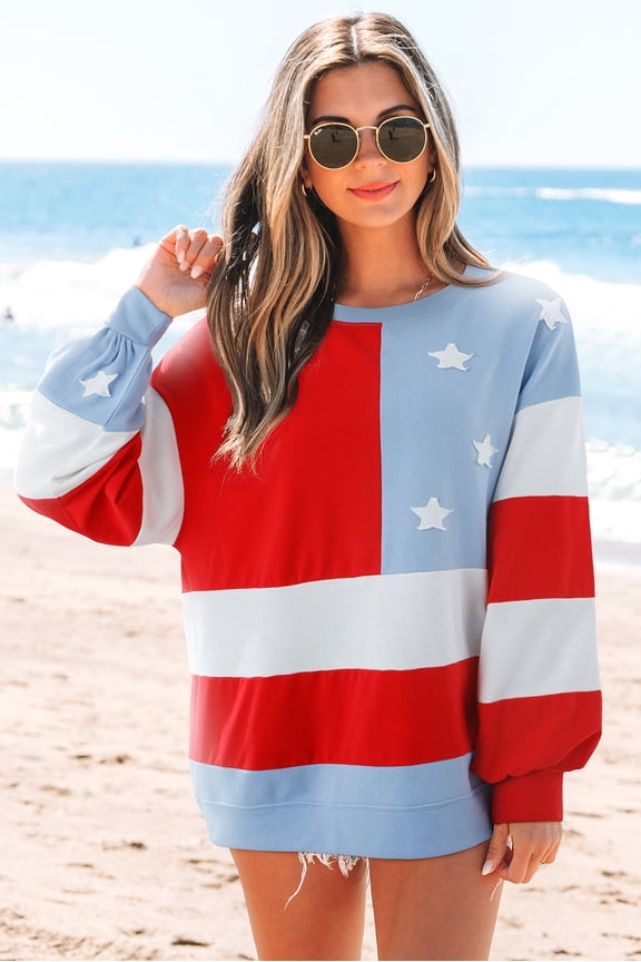 Multicolour American Flag Vintage Oversized Pullover Sweatshirt