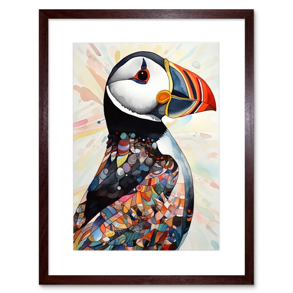 Multicolour Pattern Feather Puffin Bird Folk Art Artwork Framed Print Wall Art 9X7 Inch