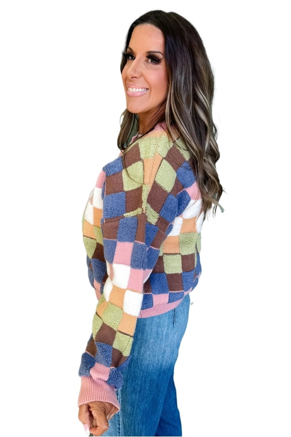 Multicolour Plush Checkered Pattern Button Front Cardigan Sweater for Women [ZhiHiMeRi] | XL