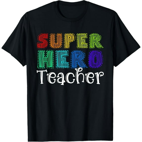 Multicolour Retro Superhero Teacher T-Shirt Tops Tee