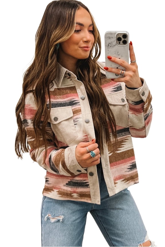 Multicolour Western Aztec Striped Patchwork Shacket with Double Flap Pockets and Raw Hem | [ZhiHiMeRi] | L