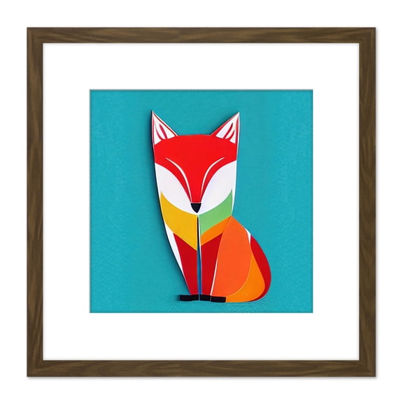 Multicoloured Abstract Fox On Blue Illustration Square Wooden Framed Wall Art Print Picture 8X8 Inch
