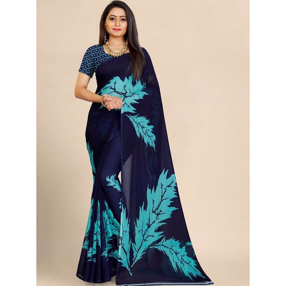 Multicoloured Floral Pure Georgette Block Print Saree - 17842868
