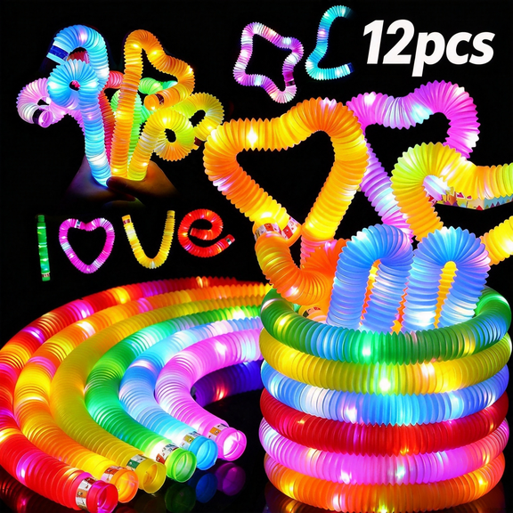 12 Pack Light up Pop Tubes, Glow in The Dark Party Supplies, LED Glow Sticks, Party Favors, Stocking Stuffers, Birthday Gifts