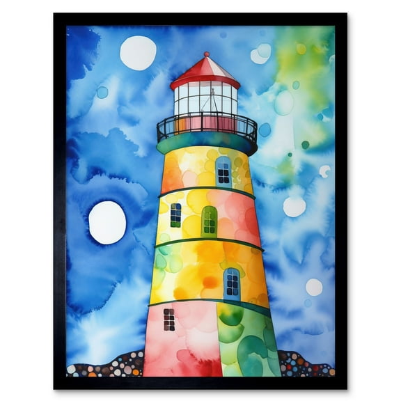 Multicoloured Lighthouse Watercolour Painting Art Print Framed Poster Wall Decor 12x16 inch