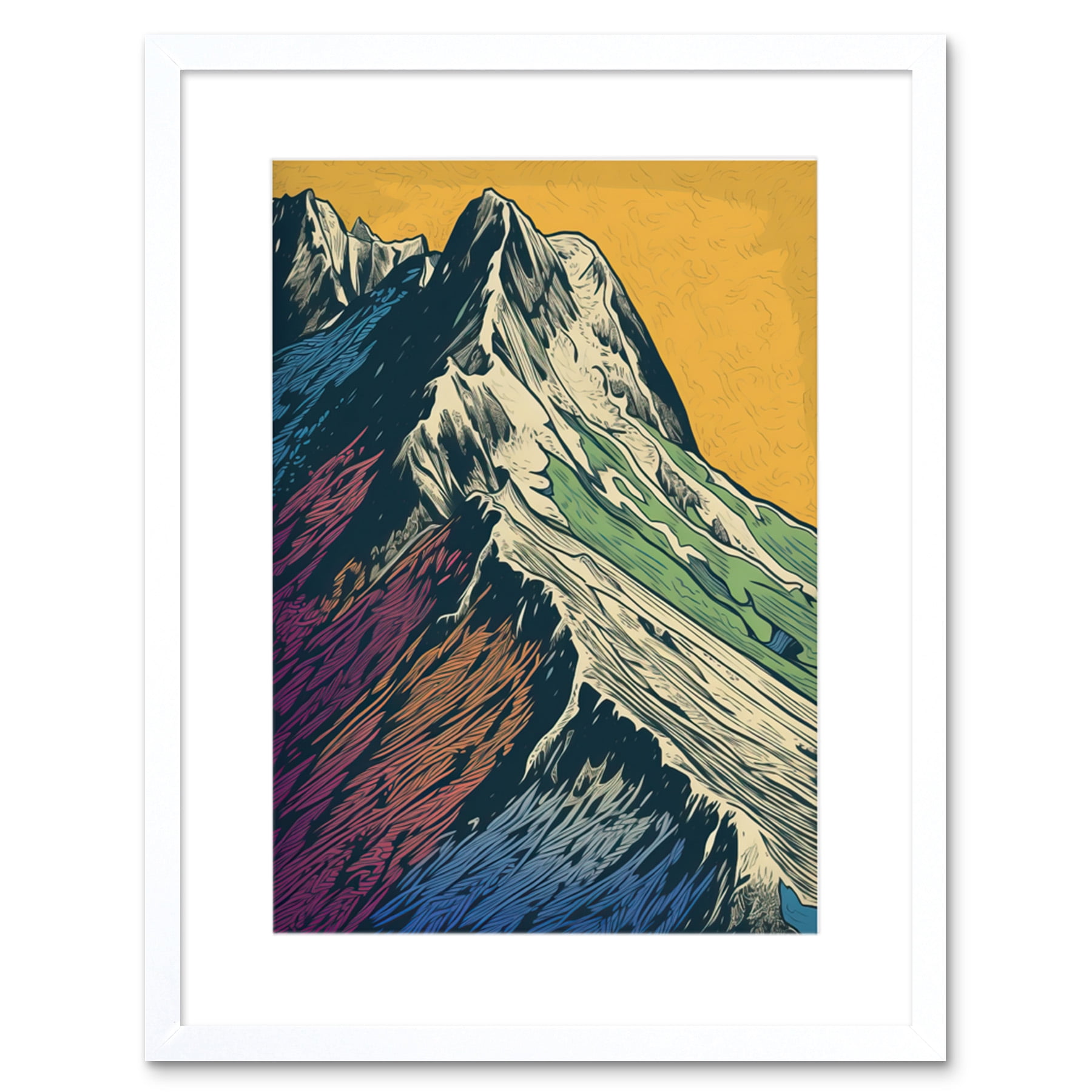 Multicoloured Mountain Range Peaks Pop Art Linocut Artwork Framed