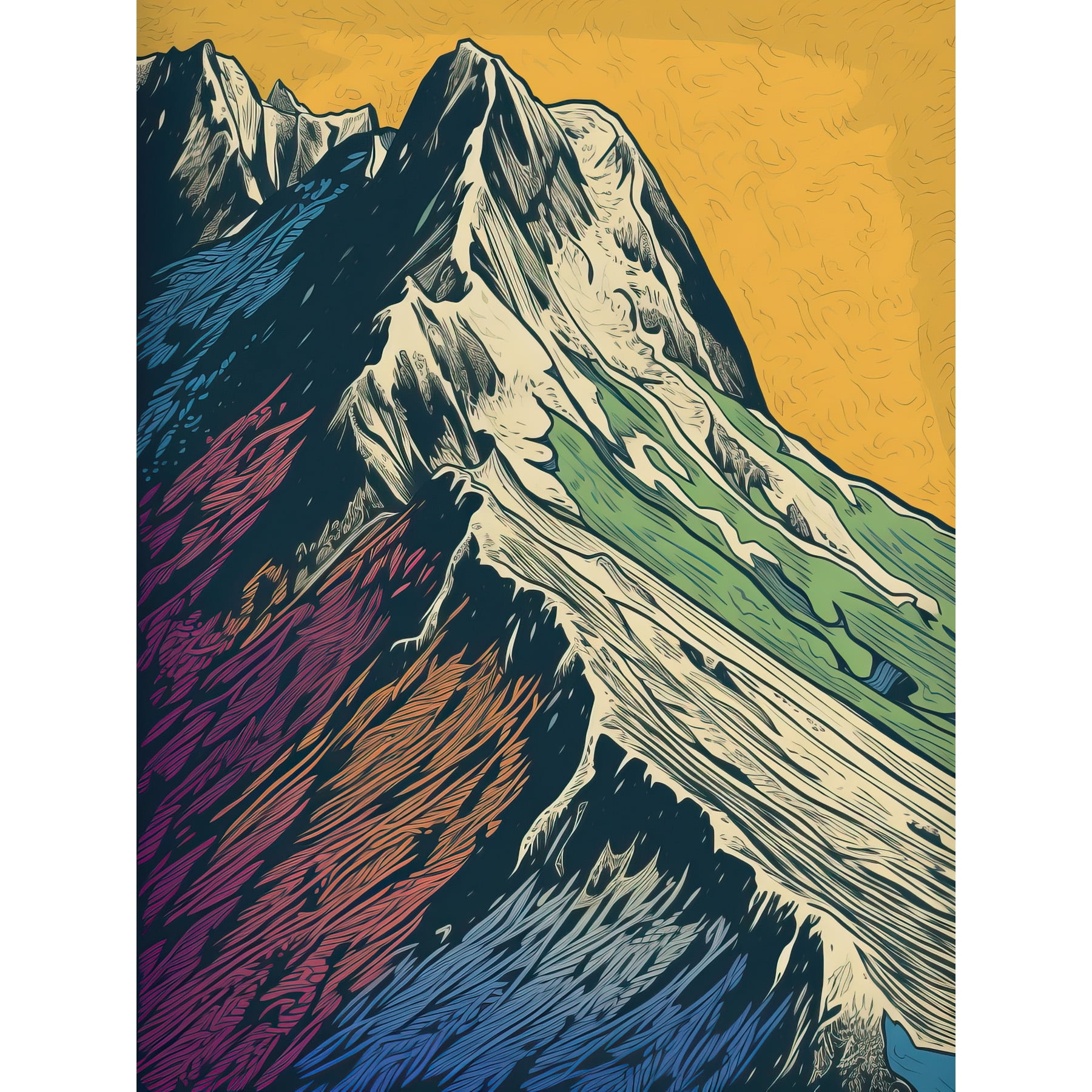 Multicoloured Mountain Range Peaks Pop Art Linocut Extra Large XL Wall ...