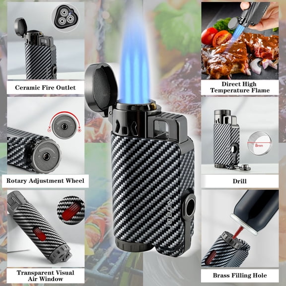Multifuctional Cigar Lighter, Windproof Adjustable Flame Butane Torch Lighter, Triple Jet Flame Torch Lighter with Gift Box for Candles Fireworks Camping (Butane Not Included)