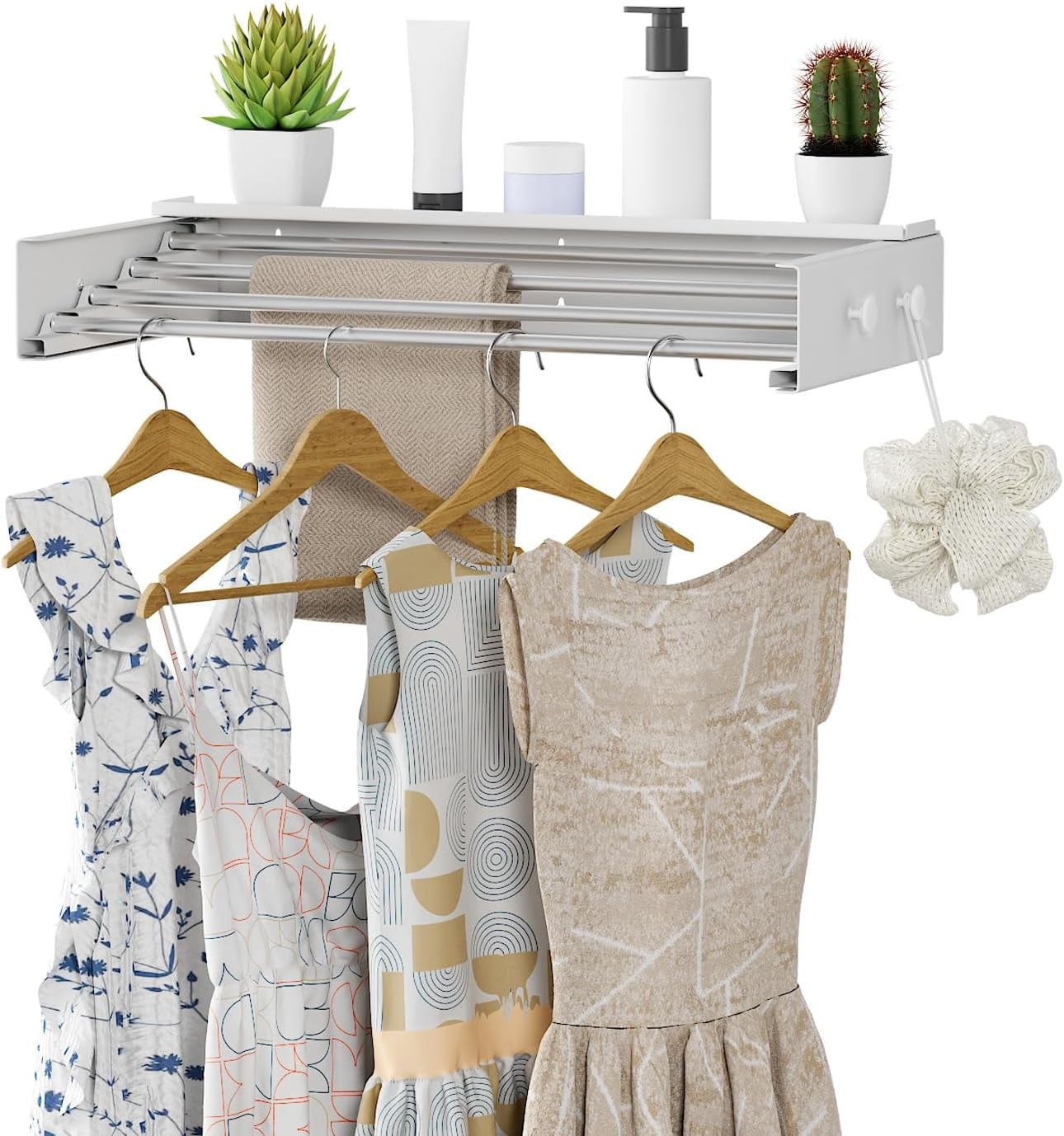 24 Inch Wall Mounted Towel Rack With Shelf & 4 Hooks - Foldable Laundry Drying Rack, Holds 88 Lbs, White | Space Saving