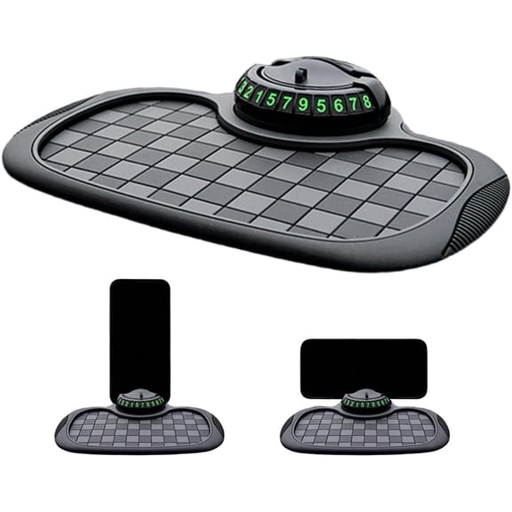 Multifunction Car Anti Slip Mat, 360° Rotatable Phone Holder Dashboard Pad with Temporary Parking Number, Anti Skid Organizer for Phone Sunglasses Keys (Black-Gray Checkered Pattern)