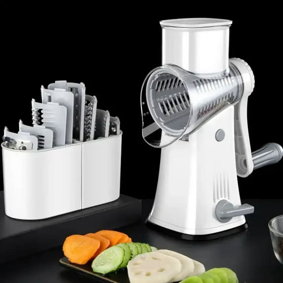 XIBUZZ Multifunctional Rotary Cheese & Vegetable Grater with Handheld Blades, Suction Base, Stainless Steel, White