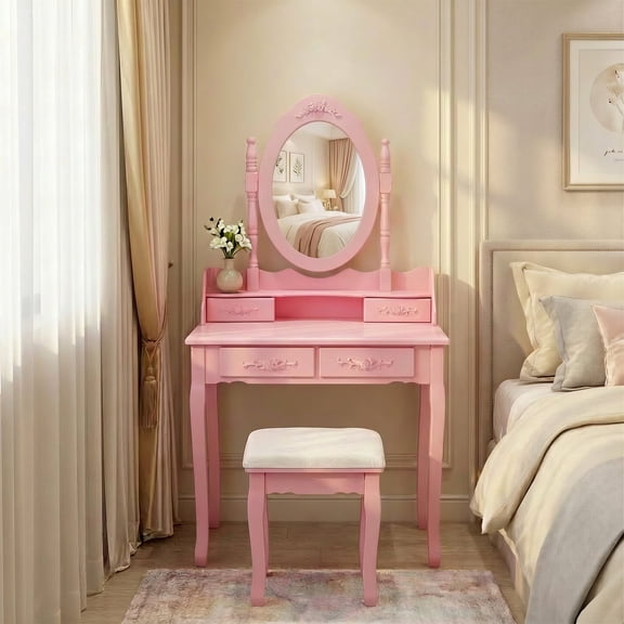 Pink Princess Vanity Desk Set with Mirror & Cushioned Stool – 4-Drawer Wooden Makeup Table for Bedroom, Dressing Table with Ample Storage, 360° Rotating Mirror