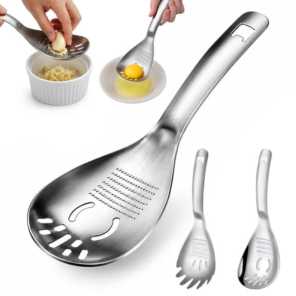 Multifunction Cooking Spoon, 5-in-1 Stainless Steel Cooking Spoon with Garlic Grinder, Egg Separator, Strainer & Bottle Opener