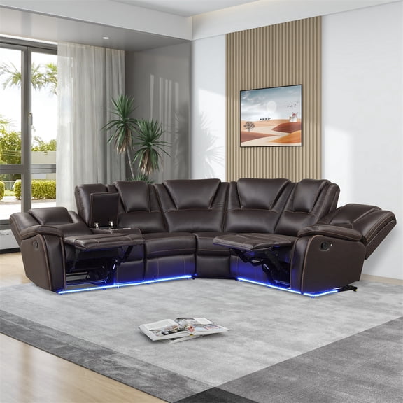Multifunction Faux Leather L-Shape Sofa, Manual Reclining with Center Console, PU Symmetrical Couch with 2 Cup Holders and Storage for Living Room, Apartment and Office, Brown