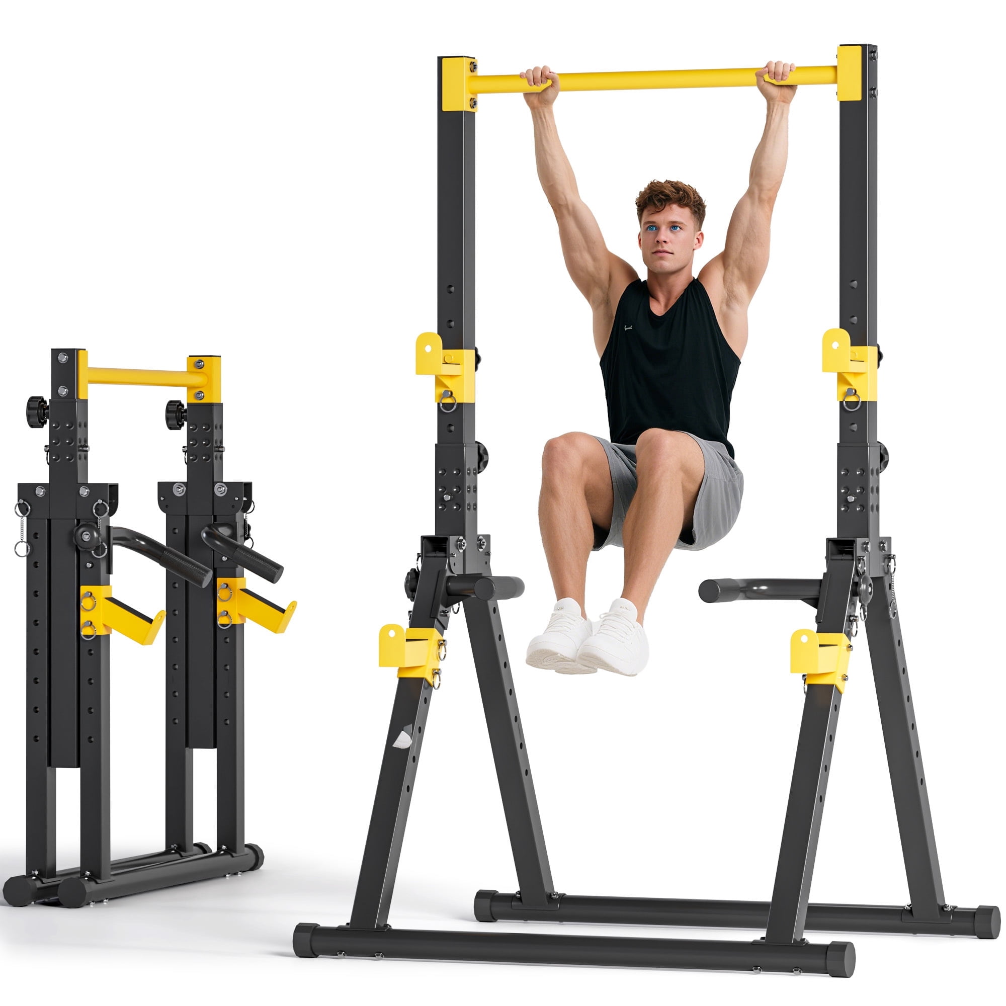 Multifunction Foldable Triangular Structure Pull Up Station , Free Standing Power Tower Pull Up Bar Dip Station Adjustable Height Strength Training Workout Equipment, Support 500lbs, Black + Yellow