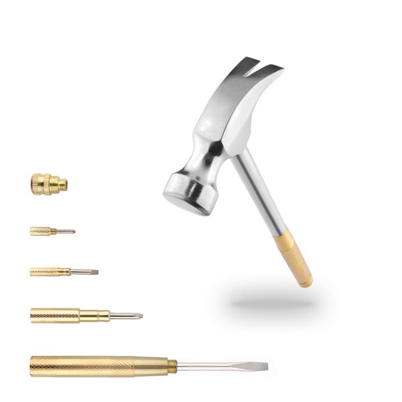 Multifunction Hammer 6 in 1 with Slotted/Flat Head Phillips Screwdriver Claw Hammer Manual, Portable Metal Mini Tool Hammer (Gold)