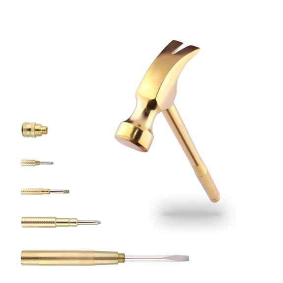 Multifunction Hammer 6 in 1 with Slotted/Flat Head Phillips Screwdriver Claw Hammer Manual, Portable Metal Mini Tool Hammer (Gold)