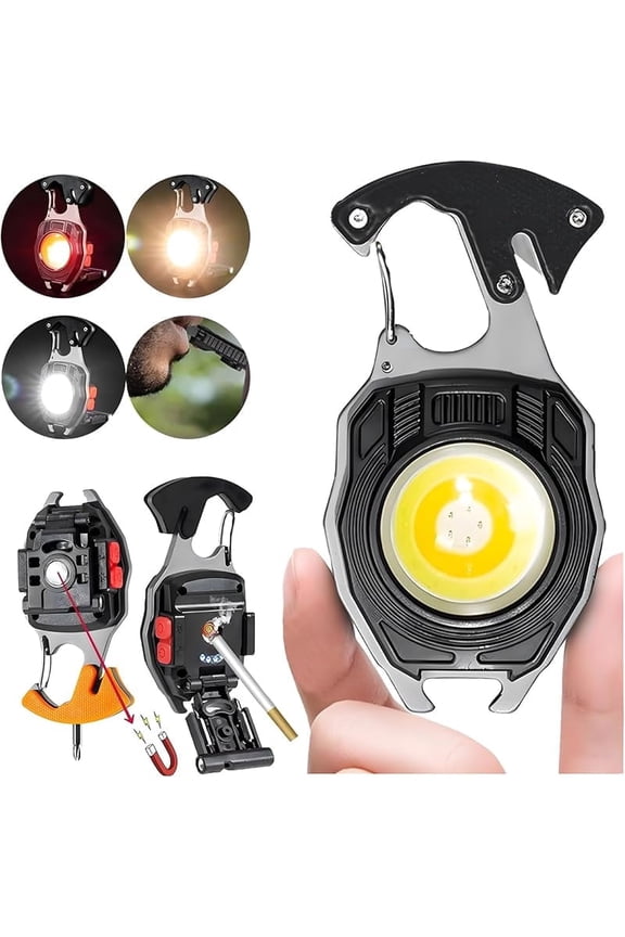 Multifunction Keychain Light, LED Cob Small Flashlight, Work Light with Screwdriver & Bottle Opener for Outdoor Hiking Fishing, Lighter (Black)