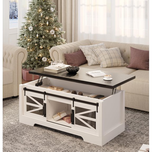 Multifunction Lift Top Coffee Table, 47.2" Modern Coffee Table with Sliding Barn Door, Hidden Storage Compartment, Lifting Table Top and Adjustable Shelf, Farmhouse Rustic Center Dining Table