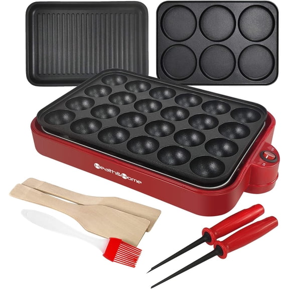 Multifunction Nonstick Baking Maker with 3 Interchangeable Baking Plates for Grill, Pan Cake, Cake Pops and Takoyaki. RED