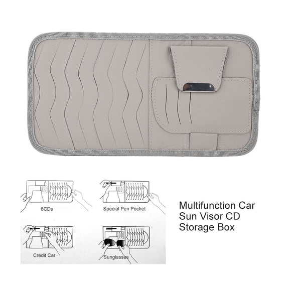 Multifunction PU Leather Car Sun Visor Organizer Holder for CD and Sunglasses Gray, 11.4 inches / 29 cm