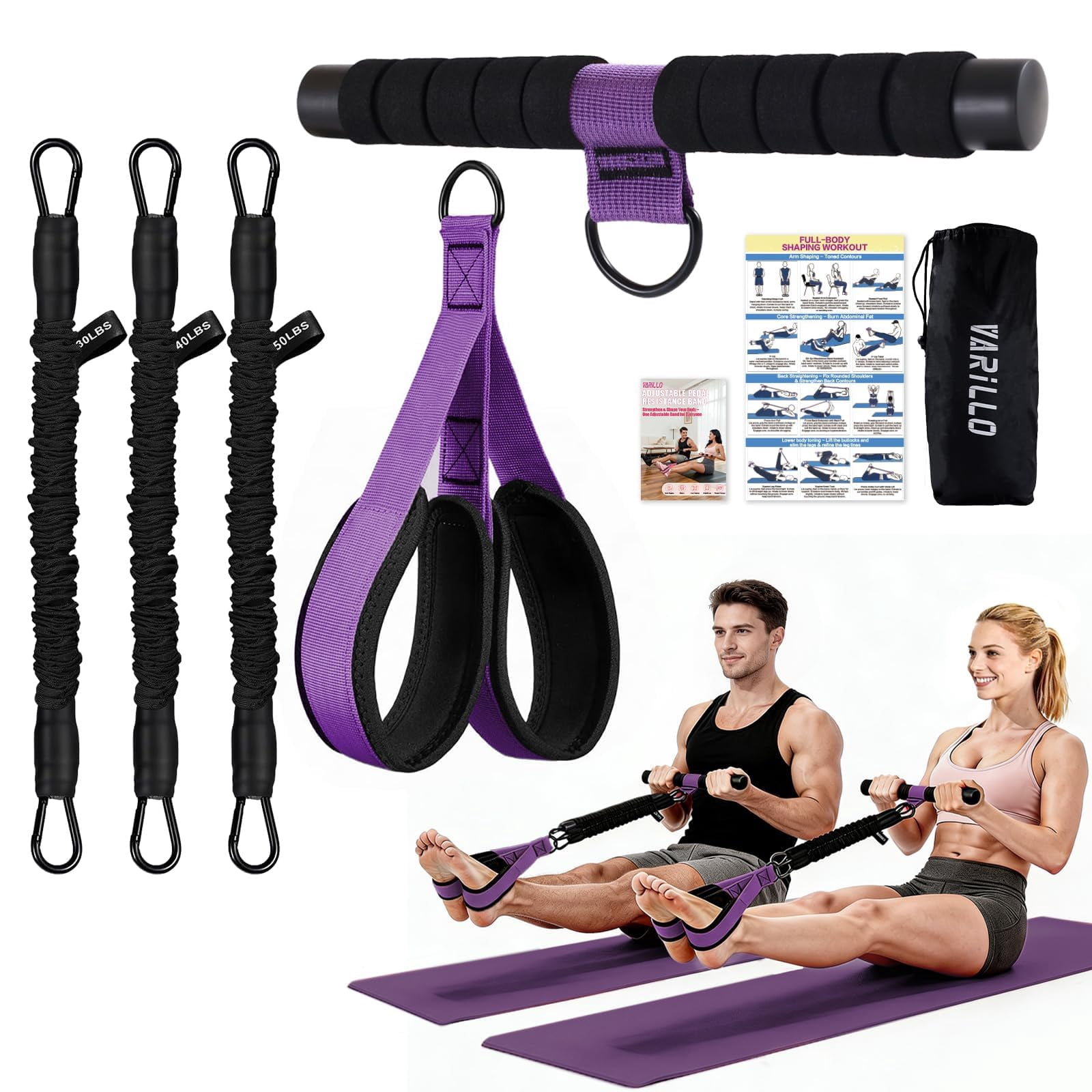 Multifunction Pedal Resistance Band with Handle, 3 Tube Adjustable 30/40/50LB Foot Pedal Puller Resistance Bands with Poster, Extended Length Tension Rope for Men Women Full Body Workout Home Gym