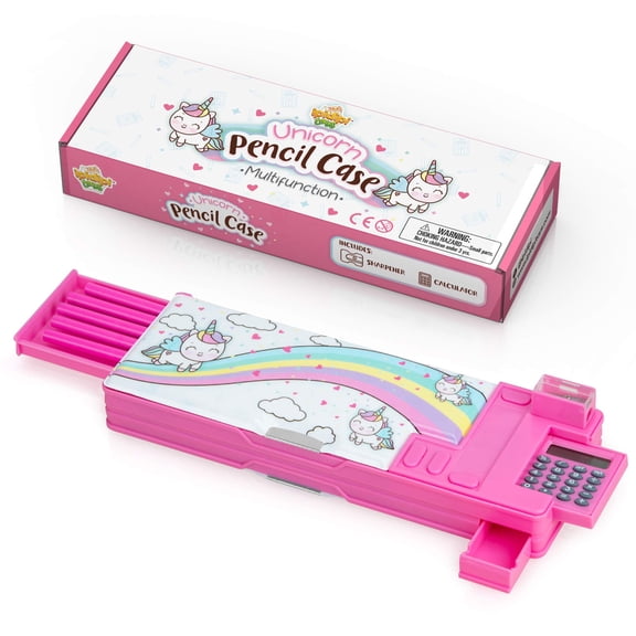 Multifunction Pencil Case with Calculator, Sharpener & Drawer - Pink