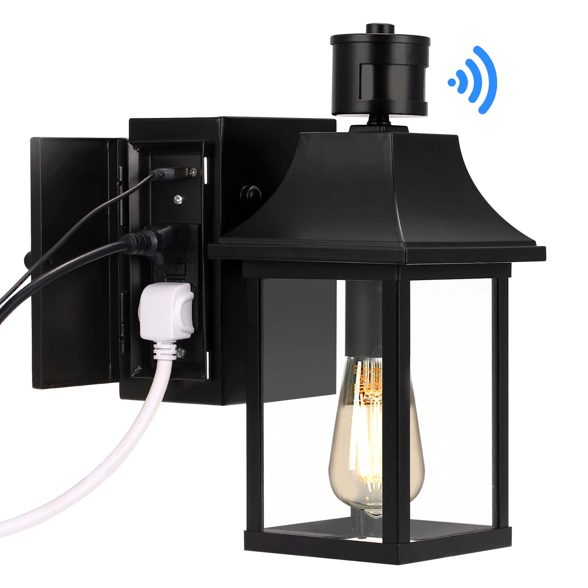 Multifunction Porch Lights with GFCI Outlet, Dusk to Dawn Motion Sensor Outdoor Lights, 3