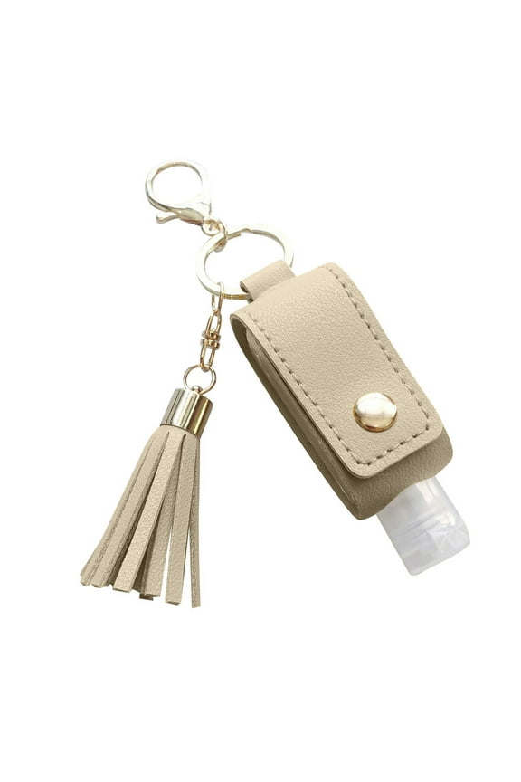 Multifunction Portable Empty Travel Bottle Keychain Hand Sanitizer Bottle Keychain, PU Leather Tassel Key Chains Car Key Ring +Refillable Containers 30ml-Beige