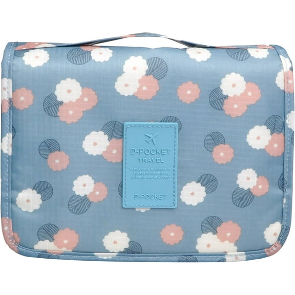 Multifunction Portable Waterproof Travel Kit Toiletry Travel Cosmetic Bag Hanging Hook for Men Women Blue Flowers