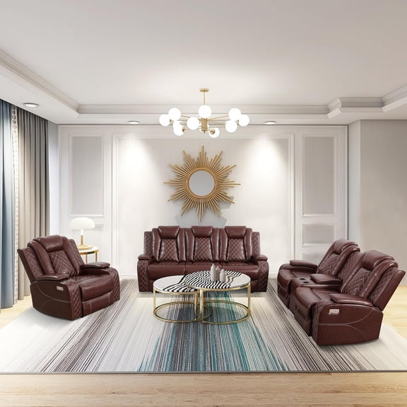 Multifunction Power Air Leather Recliner Sofa Set with LED Lights, Living Room Furniture, Reclining Sofa, loveseat, Chair with USB Port/Storage (Brown, 3 Pieces)