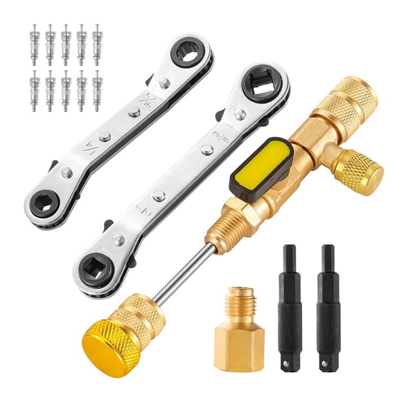Multifunction Refrigerator Service Key Wrench Set Cores Removal Tool and 10 Valves Cores For HVAC Equipment Maintenance