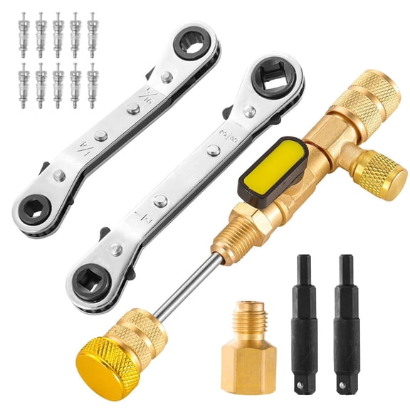Multifunction Refrigerator Service Key Wrench Set Cores Removal Tool and 10 Valves Cores For HVAC Equipment Maintenance