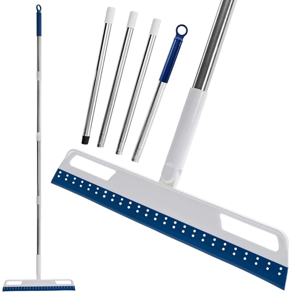 Multifunction Rubber Air Broom, Silicone Broom with 56" Long Handle, 4 in 1 Rubber Squeegee Sweeper for Floor Bathroom Kitchen Shower Tile Pet Hair Fur Marble Glass Water Window Foam Clea (Blue)